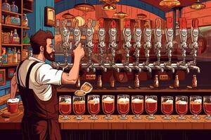 illustration av en bartender dragande en öl kran med en linje av öl muggar väntar till vara fylld, med en fokus på de kran och skummande öl. generativ ai foto