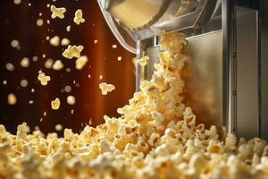 en närbild av en popcorn maskin, med popcorn kärnor popping och flygande ut av de maskin, fångande de väsen av de popcorntillverkning bearbeta. generativ ai foto
