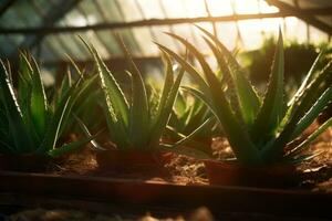 en närbild skott av aloe vera växter växande i en växthus, med värma solljus filtrering i genom de glas tak. generativ ai foto