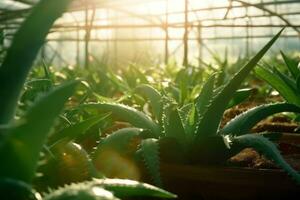 en närbild skott av aloe vera växter växande i en växthus, med värma solljus filtrering i genom de glas tak. generativ ai foto