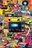 en collage av 80s pop- kultur ikoner sådan som arkad spel, boomboxar, rubiks kuber, och vhs band, fångande de nostalgi av de era.generativ ai foto