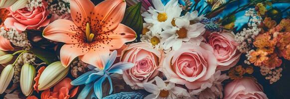 en färgrik baner terar en vibrerande bukett av blommor, Inklusive rosor, liljor, prästkragar, och tulpaner, anordnad i ett elegant och konstnärlig sammansättning. generativ ai foto