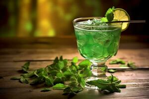 en kreativ skott av en grön cocktail med en vitklöver sugrör och traditionell irländsk element på en rustik trä- tabell. generativ ai foto