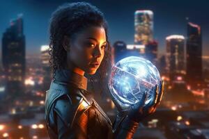 en cyborg kvinna innehav en lysande klot i henne händer, med en trogen stadsbild i de bakgrund. generativ ai foto