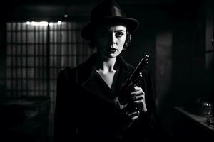 en filma noir-inspirerad bild av en kvinna i en elegant klänning, innehav en rökning pistol och stående i en svagt upplyst rum. de bild vara svart och vit med hög kontrast. generativ ai foto