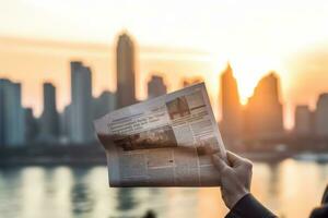 en hand innehav en tidning i främre av en stad horisont, med en suddig bakgrund. de fokus är på de tidning, som visas knaprig och klar. generativ ai foto