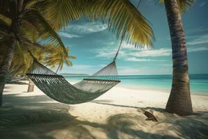 en panorama skott av en tropisk strand med en hängmatta svängande i de bris, inbjudande tittare till koppla av och koppla av. perfekt för främja lugn strand orter. generativ ai foto