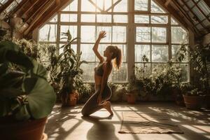 en person av yogis praktiserande yoga poser i en ljus och luftig studio, omgiven förbi växter och naturlig ljus. begrepp av mindfulness och fysisk friskvård. generativ ai foto