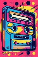 en retroinspirerad affisch vektor illustration av en kassett tejp med färgrik abstrakt former och mönster, symboliserar de musik av de 80-tal. generativ ai foto