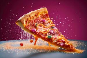 en pizza skiva med de pålägg exploderande av de skorpa, som om spricker med smak och spänning. generativ ai foto
