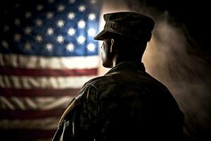 en silhuett av en soldat i enhetlig, med de amerikan flagga vinka i de bakgrund. hälsning kort för veteraner dag, minnesmärke dag, oberoende dag. Amerika firande. generativ ai foto