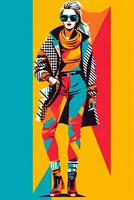 en vektor illustration av en person bär 80s mode, terar djärv mönster, ljus färger, och ikoniska element tycka om ben värmare och överdimensionerad solglasögon. generativ ai foto