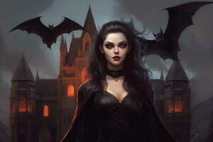 en vampyr kvinna med skarp huggtänder och skön ögon, stående i främre av en gotik slott med fladdermöss flygande i de bakgrund. generativ ai foto