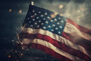 en årgång amerikan flagga vinka i de bris mot en bakgrund av fyrverkeri exploderande i röd, vit och blå nyanser. generativ ai. foto