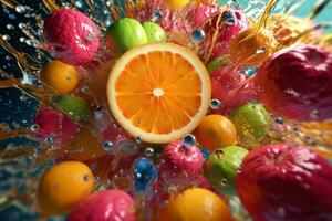 ett konstnärlig bild av frukt skivor suspenderad i i luften, omgiven förbi virvlande strömmar av färgrik frukt juice, skapande en fängslande och dynamisk sammansättning. generativ ai foto