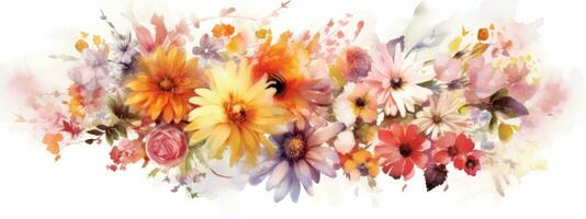 ett konstnärlig vattenfärg baner illustration visa upp en bukett av blommor i en lösa och uttrycksfull stil, fångande de fluiditet och livskraft av de blommar. generativ ai foto