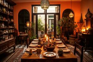 marockansk riads dining område, med en vackert uppsättning tabell Utsmyckad med marockansk keramik och traditionell servis, presenter ett elegant och kulturellt rik dining erfarenhet. generativ ai foto