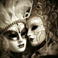 venetian karneval mask bärs förbi en par, porträtterar roman och elegans, lämplig för bröllop eller romantiskt tema annonser. generativ ai foto