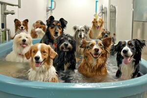 porträtterar hundar av annorlunda raser varelse lekfullt tvättades och torkades i en daghem spa miljö, betona renlighet och socialisering. generativ ai foto