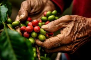 närbild av en kaffe böna varelse plockade förbi en bondens hand mot en bakgrund av vibrerande grön kaffe växter, visa upp de noggrann bearbeta av skörd kaffe. generativ ai foto