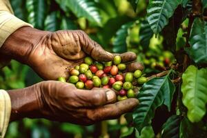 närbild av en kaffe böna varelse plockade förbi en bondens hand mot en bakgrund av vibrerande grön kaffe växter, visa upp de noggrann bearbeta av skörd kaffe. generativ ai foto