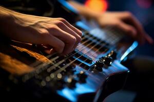 närbild av en gitarr spelare händer på de greppbrädan under en konsert. generativ ai foto