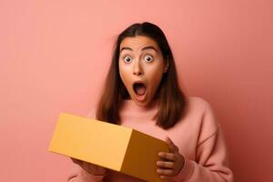 Lycklig överraskad skön kvinna öppning en gåva låda på en neutral pastell bakgrund. generativ ai foto