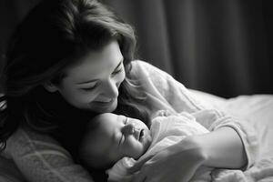 Lycklig ung kärleksfull mor leende på henne bebis. generativ ai foto