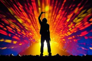 silhuett av en sångare på skede med en färgrik ljus visa i de bakgrund. generativ ai foto