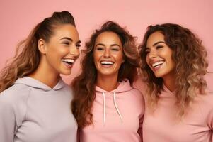 tre kvinna vänner i bär sport kläder, skrattande lyckligt på rosa bakgrund. generativ ai foto