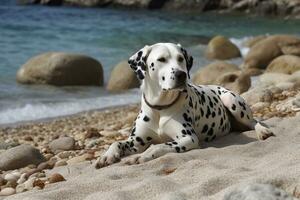 en dalmatian rullande runt om och spelar på en avskild sten strand, ostörd förbi någon annan. även de hund visas avslappnad och sorglös. generativ ai foto