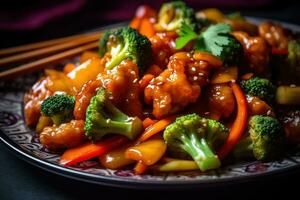 klassisk kinesisk maträtt, sådan som kung pao kyckling, ljuv och sur fläsk, eller nötkött och broccoli, visa upp de vibrerande färger, rik såser. generativ ai foto