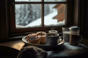 en mysigt, morgon- scen av en ångande råna av varm choklad, åtföljs förbi en tallrik av värma, SENTIMENTAL kanel rullar, uppsättning på en fönsterkarm utsikt en fredlig, snötäckt landskap. generativ ai foto
