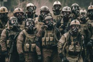 en grupp av en militär enhet, Framställ i enhetlig och bär gas masker. men där är en känsla av dyster bestämning på deras ansikten, föreslår de är beredd till ansikte några farlig hot. generativ ai foto