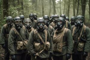 en grupp av en militär enhet, Framställ i enhetlig och bär gas masker. men där är en känsla av dyster bestämning på deras ansikten, föreslår de är beredd till ansikte några farlig hot. generativ ai foto