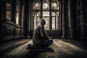 en man bön- på en moskén. man s hängivenhet som han ber. de moské vara visad i de bakgrund till betoning på de andlig aspekt av ramadan. generativ ai. foto