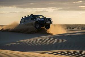 fyra hjul kör fordon hoppa över sand sanddyner. begrepp känsla av äventyr och spänning. generativ ai foto