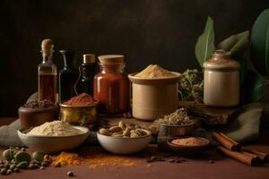 ayurvediska henna grädde Ingredienser, sådan som henna pulver, grundläggande oljor, och örter, med en känsla av naturlig och organisk Ingredienser. generativ ai foto