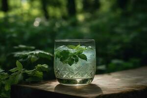 en uppfriskande cocktail, visa upp en botanisk gin-baserad dryck, garnerad med färsk örter, sådan som basilika eller timjan, och eras i en snygg, modern glas. generativ ai foto