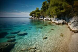 en lugn skott av en avskild strand, med vit sand och kristall klar vattnen. salighet på kroatiska ren stränder. generativ ai foto