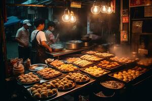 kinesisk gata mat scen, terar populär snacks tycka om Salladslök pannkakor, ångad baozi, grillspett av grillad kött i vibrerande, urban miljö. generativ ai foto