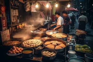 kinesisk gata mat scen, terar populär snacks tycka om Salladslök pannkakor, ångad baozi, grillspett av grillad kött i vibrerande, urban miljö. generativ ai foto