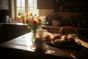 en värma, solbelyst kök tabell, uppsättning med en ångande pott av kaffe, en korg av nyligen bakad croissanter. generativ ai. foto