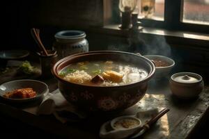 en värma, ångande skål av varm och sur soppa, wonton soppa, terar ett array av smaker och Ingredienser, uppsättning i en mysigt, atmosfärisk kinesisk restaurang. generativ ai foto