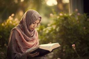 en kvinna läsning de koranen. de fokus på de kvinna s fredlig uttryck som hon läser de helig bok. de bakgrund vara suddig till ge de bild en drömlik. generativ ai foto