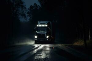 de bild visa en transport lastbil körning på en mörk väg på natt. i de mörk och lynnig bakgrund. generativ ai foto