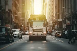 visa en transport lastbil körning genom en upptagen stad gata, omgiven förbi Övrig fordon och fotgängare. generativ ai foto