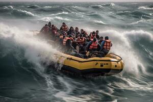 ung norr afrikaner vem fly in i de hav med deras båt under olaglig invandring. generativ ai foto