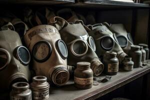 på en hylla , en samling av gammal, dammig gas masker. reliker av värld krig jag eller ii, en påminnelse av på vilket sätt lång de hot av förgifta gas har skymtade och de omfattande ansträngningar tillverkad till disken Det. . generativ ai foto