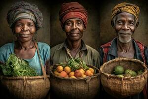 porträtt av jordbrukare stolt innehav korgar av nyplockad frukt, grönsaker, korn och baljväxter. deras ansikten och Kläder föreslå tillägnande till hantverk, hälsa, näring och gemenskap. generativ ai foto